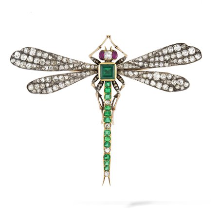 Antique russian emerald and diamond dragonfly brooch