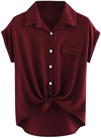 Durra & Partner Shirts Spring Fashion Summer Women Solid Rolled Cuff Knotted Hem Shirt Button Casual Burgundy at Amazon Women’s Clothing store