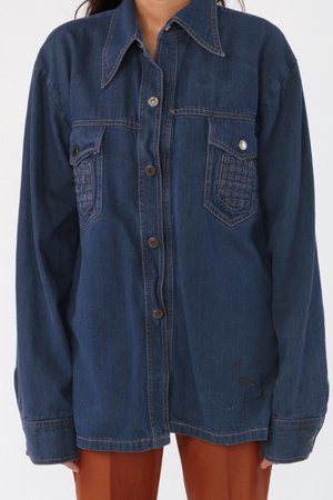 70s Denim Shirt Jean Shirt Long Sleeve Boho Hippie Western Vintage 1970s Dark Blue Button Up Retro Medium Large