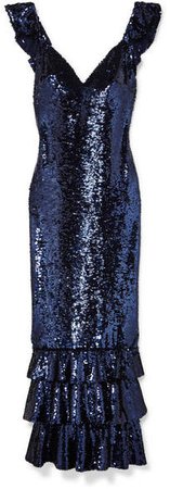 Tiered Sequined Mesh Gown - Navy