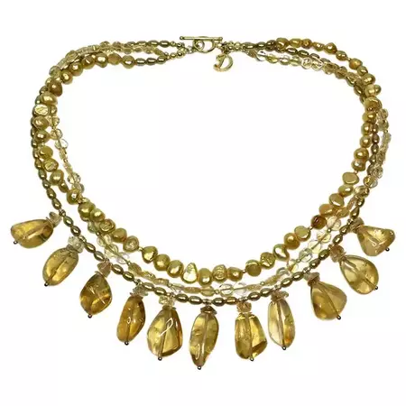 Citrine and Pearl Triple Strand Necklace For Sale at 1stDibs