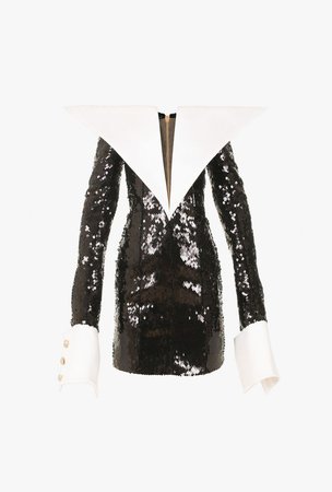 Short Black And White Sequin Embroidered Dress for Women - Balmain.com