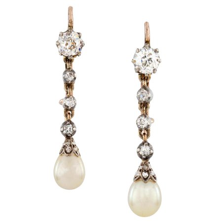 Pair of Natural Pearl and Diamond Drop Earrings For Sale at 1stDibs
