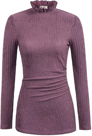 Women Frilled Ruffles High Neck Puff Long Sleeve Pleated Split Blouse L, Purple at Amazon Women’s Clothing store
