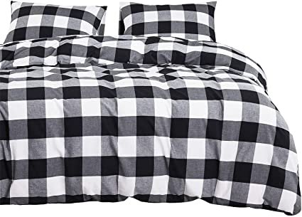 Amazon.com: Wake In Cloud - Washed Cotton Duvet Cover Set, Buffalo Check Gingham Plaid Geometric Checker Printed in White Black and Gray, 100% Cotton Bedding, with Zipper Closure (3pcs, Twin Size): Kitchen & Dining