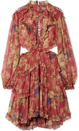 Melody Cutout Floral-print Silk-crepon Mini Dress - Burgundy