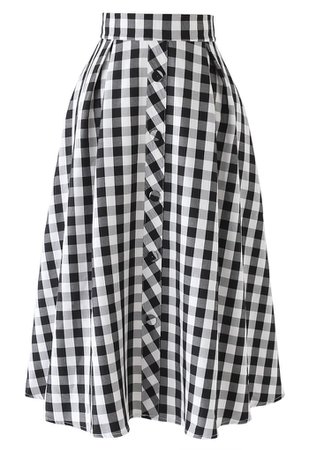 Buttoned Front Check Print A-Line Midi Skirt in Black - Retro, Indie and Unique Fashion