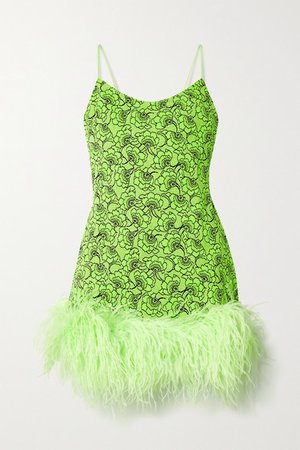 Laurie Feather-trimmed Metallic Neon Floral-jacquard Mini Dress - Bright green