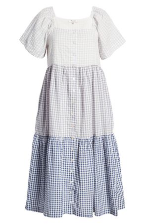 Madewell Patchwork Gingham Button Front Tiered Midi Dress | Nordstrom