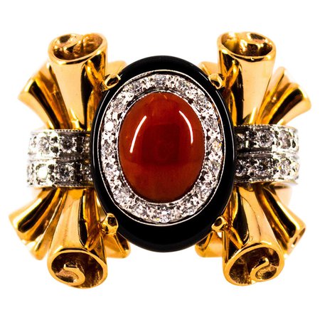 Mediterranean Red Coral 0.47 Carat White Diamond Onyx Yellow Gold Cocktail Ring For Sale at 1stDibs
