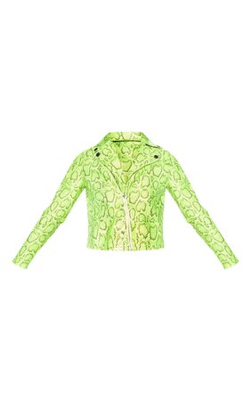 Neon Lime Faux Leather Snake Print Biker Jacket | PrettyLittleThing USA