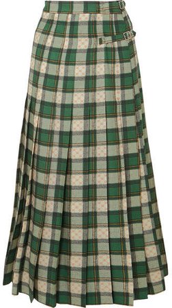 Tartan Pleated Wool-twill Wrap Skirt - Green