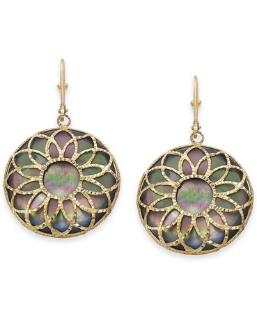 Macy's 14k Gold Black Mother-of-Pearl Floral Medallion Drop Earrings