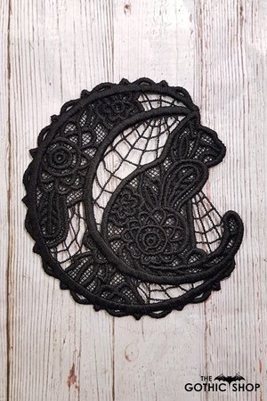 Black Lace Embroidered Cat Moon Cobweb Motif | Gifts & ware