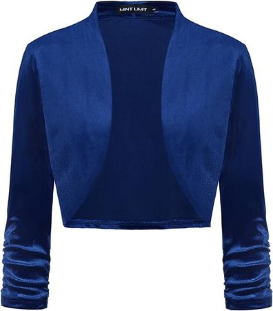 MINTLIMIT Women's Velvet Bolero Shrugs for Dresses Ruched 3/4 Sleeve Open Front Cocktail Party Cropped Cardigan at Amazon Women’s Clothing store