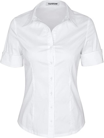 SUNNOW Womens Tailored Short Sleeve Basic Simple Button-Down Shirt with Stretch (S, Light Grey) at Amazon Women’s Clothing store