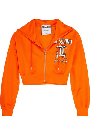 MOSCHINO Cropped Printed Jersey Hooded Top.