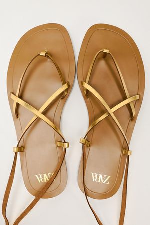 LACE UP TIED FLAT LEATHER SANDALS - Gold | ZARA United States