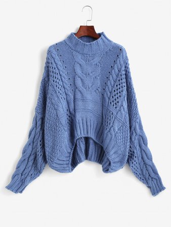 [33% OFF] 2020 Mock Neck Cable Knit Chunky Oversized Sweater In BLUE | ZAFUL