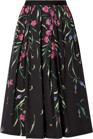Pleated Floral-print Cotton-blend Faille Midi Skirt - Black