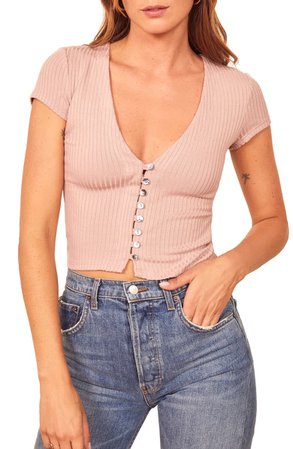 Reformation Nella Button Front Ribbed V-Neck Top | Nordstrom