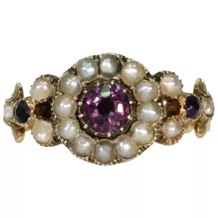 Early Victorian Amethyst Pearl Ring 15k Gold : Victoria Sterling | Ruby Lane