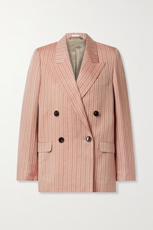 Double-breasted Pinstriped Linen-blend Twill Blazer - Antique rose