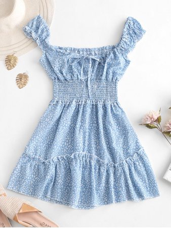 [41% OFF] [HOT] 2020 Smocked Printed Sleeveless A Line Dress In LIGHT BLUE | ZAFUL