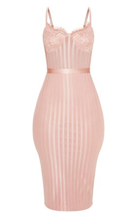 Dusty Pink Lace Detail Mesh Midi Dress | PrettyLittleThing
