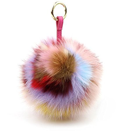 Aimeio 5'' Fluffy Fur Pom Pom Keychain with Plush Gold Plated Key Chain for Car Key Ring,Bag Purse Charm (Multicolor) - Toyboxtech