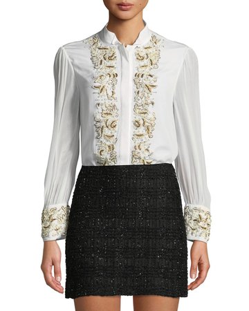 Alice + Olivia Zita Pearlescent-Embroidered Button-Front Blouse | Neiman Marcus