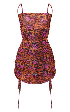 TAN LEOPARD BUTTERFLY PRINT STRAPPY RUCHED TIE HEM BODYCON DRESS