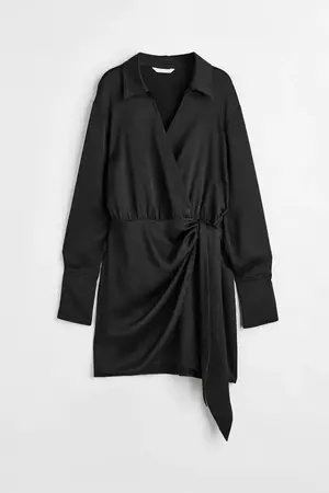 Crêped Satin Wrapover Shirt Dress - Black - Ladies | H&M CA