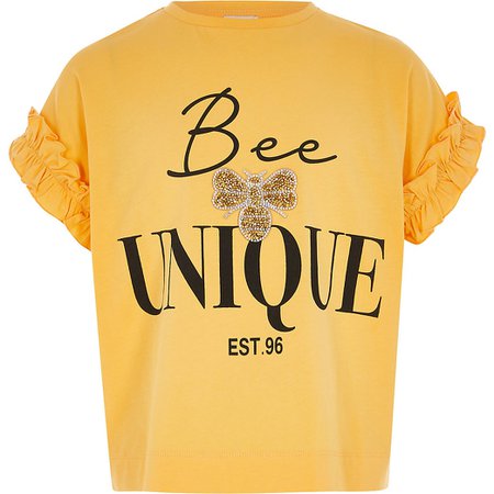 Girls yellow 'Bee unique' frill T-shirt | River Island