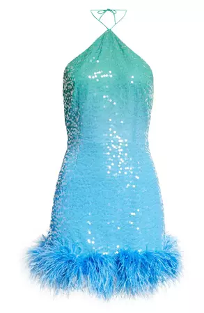 SAU LEE Jewel Sequin Feather Trim Halter Dress | Nordstrom