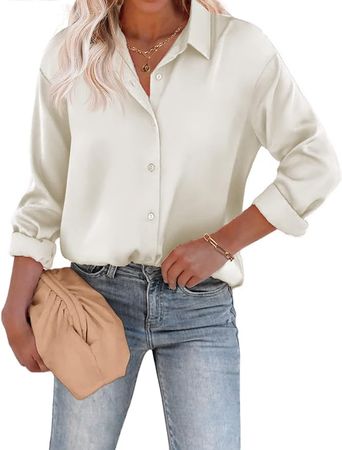 Chigant Silk Button Down Shirts for Women Satin Blouse Long Sleeve V Neck Work Tunic Top Plus Size Beige at Amazon Women’s Clothing store