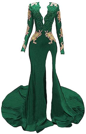 Amazon.com: Women's V-Neck Mermaid Long Sleeves Prom Gown Gold Appliques Split Evening Party Dress PM70 Black Custom Size: Clothing
