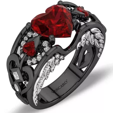VANCARO Ruby Heart Black Angel Wing Ring for Women