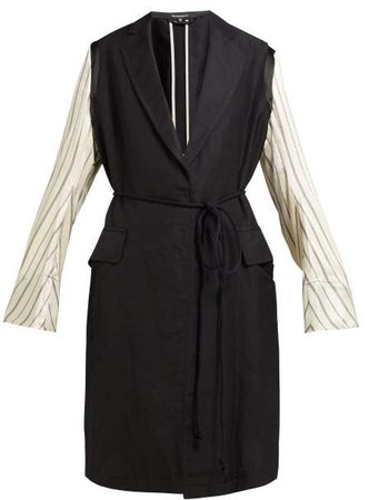 Striped Linen Blend Coat - Womens - Black Multi