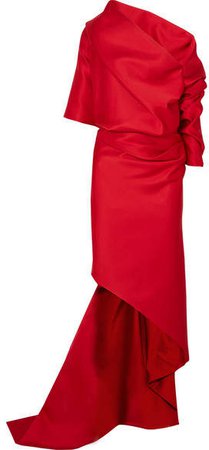 One-shoulder Draped Duchesse-satin Gown - Red