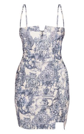 Blue Porcelain Print Panelled Plunge Bodycon mini Dress | PrettyLittleThing USA