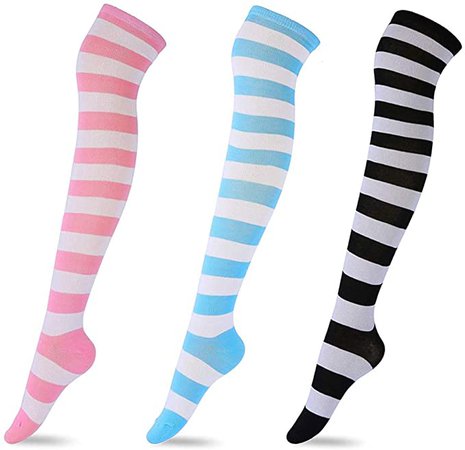 3 Pairs Over Knee High Socks Women Striped Thigh Stockings for Halloween Cosplay Leg warmer Pink White Blue Black at Amazon Women’s Clothing store