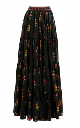 Macadamia Dahlia-Embroidered Cotton Poplin Tiered Maxi Skirt by Agua by Agua Bendita | Moda Operandi
