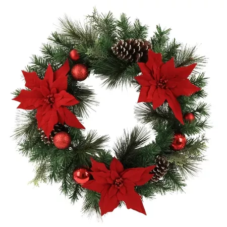 28" Christmas Unlit Red Poinsettia with Ornaments Artificial Pine Wreath - Wondershop : Target
