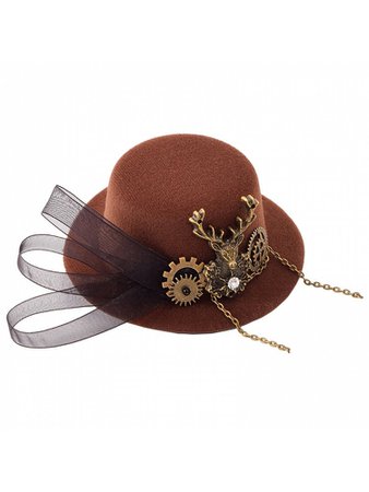 Steampunk Lolita Brown Gear Metal Chain Mini Top Hat Hairclip