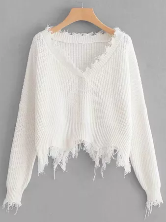 Frayed Trim Drop Shoulder Sweater Crop| SHEIN USA