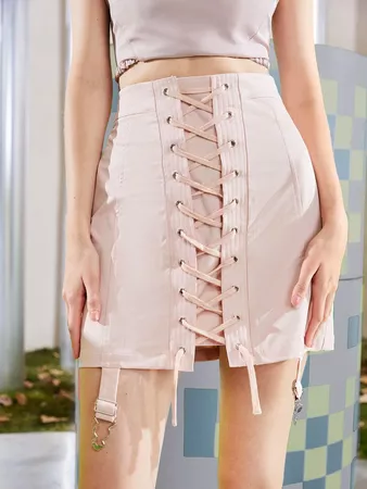 SHEIN X Oxana Grommet Eyelet Lace Up Strap Detail Skirt | SHEIN USA