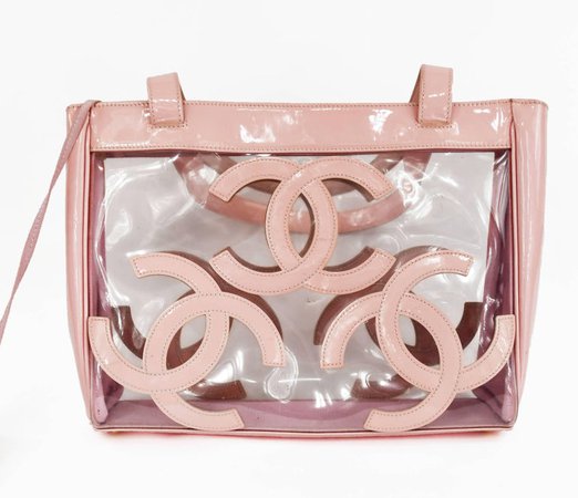 Gorgeous Chanel Nude / Pale Pink patent leather CC Logo Clear Tote Bag For Sale at 1stdibs