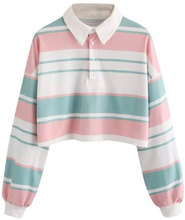 Striped Collared Long Sleeve Crop Top Pastel Multicolor