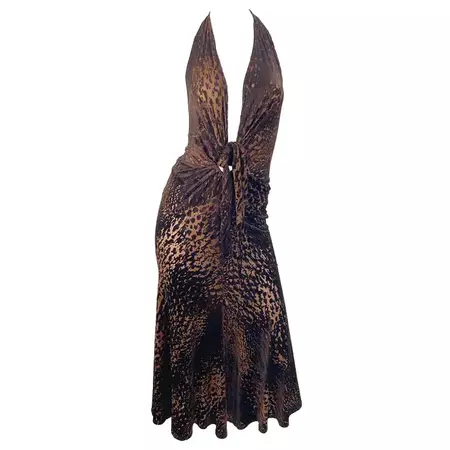 NWT Donna Karan F/W 2004 Brown Rayon Velvet Devore Leopard Sheer Plunging Dress For Sale at 1stDibs